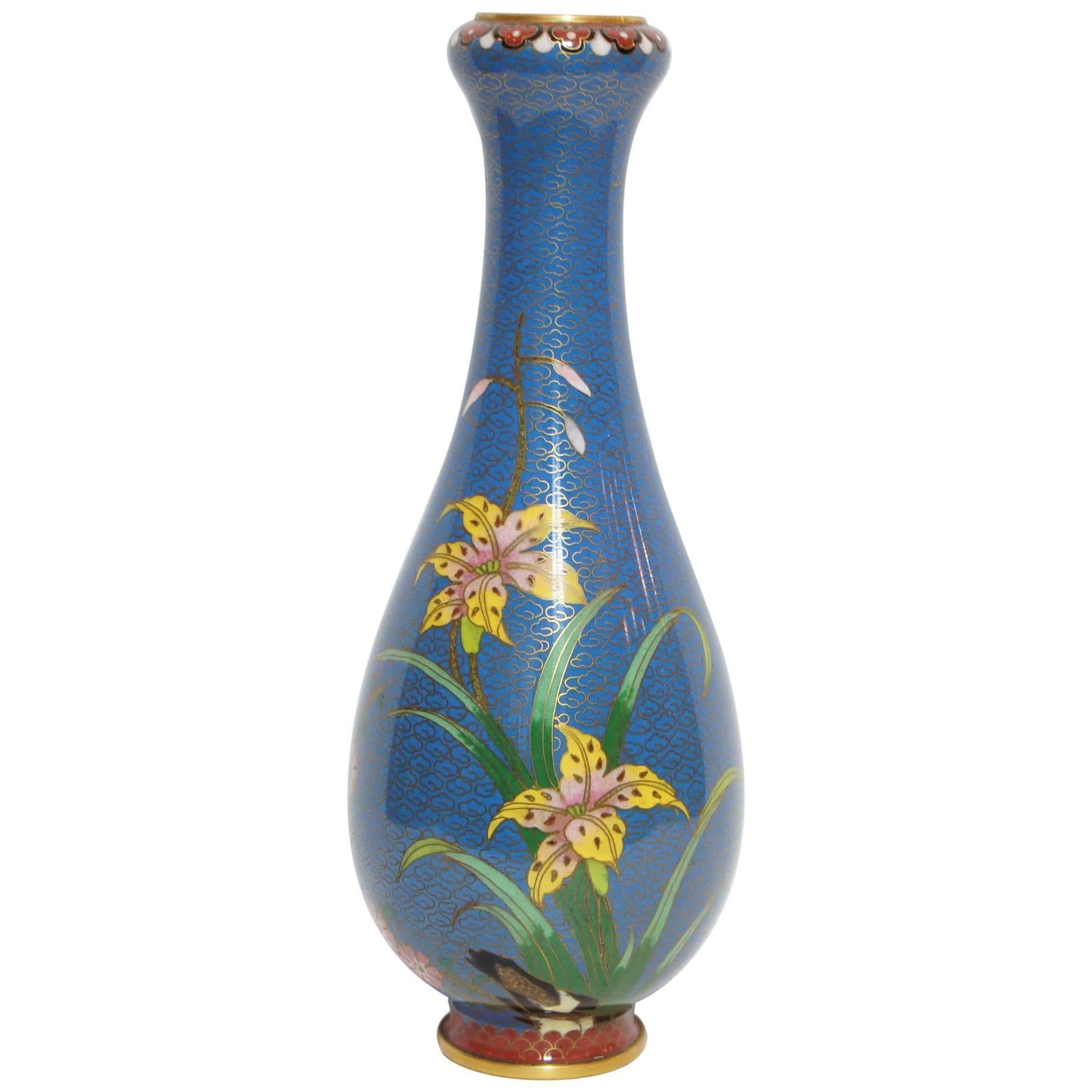 Chinese Cloisonne Blue Vase with Flower Painting, 1950s For Sale