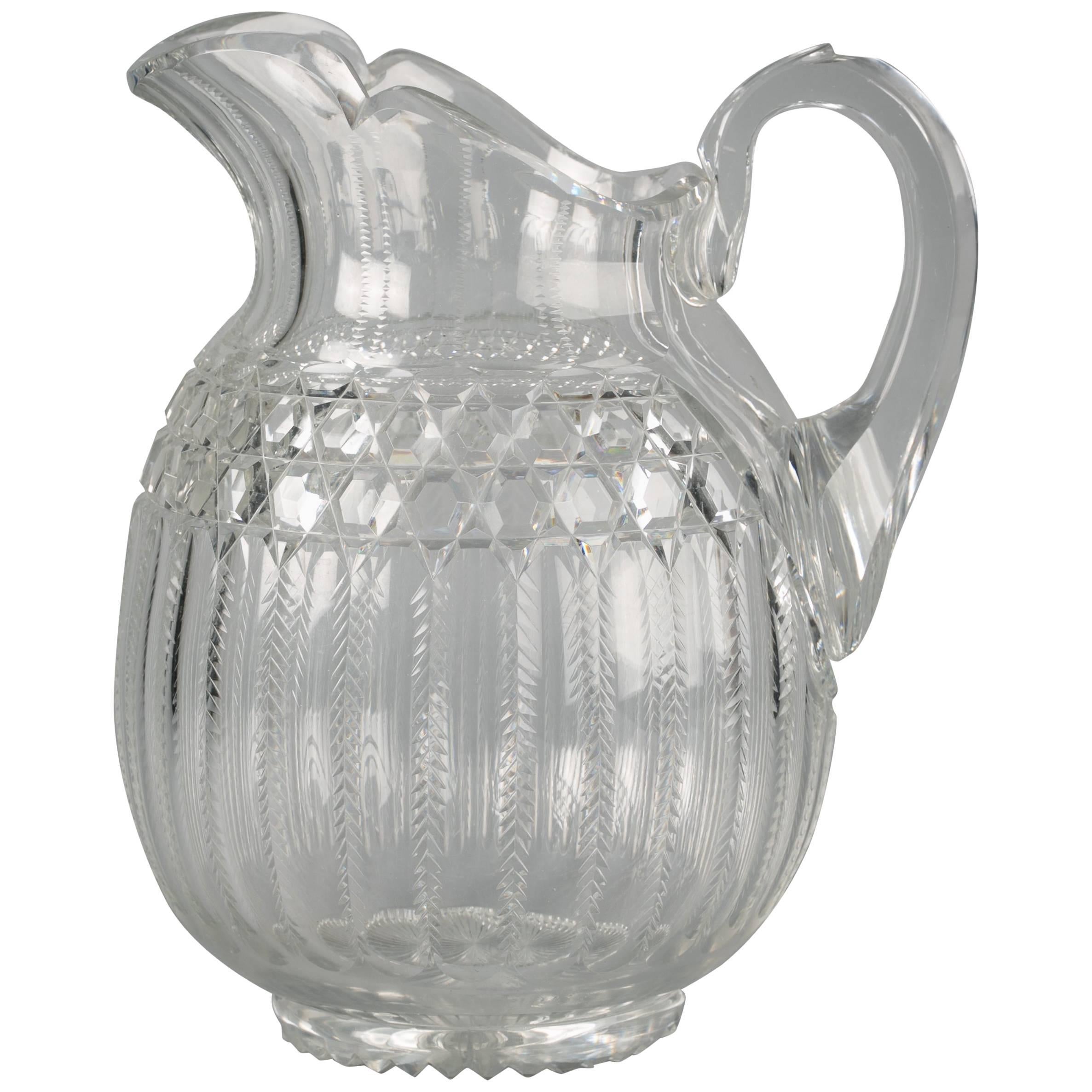 Large American Faceted Glass Pitcher, circa 1900 For Sale