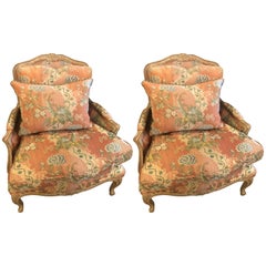 Vintage Pair of Louis XV Style Overstuffed Bergere Chairs by Maison Jansen