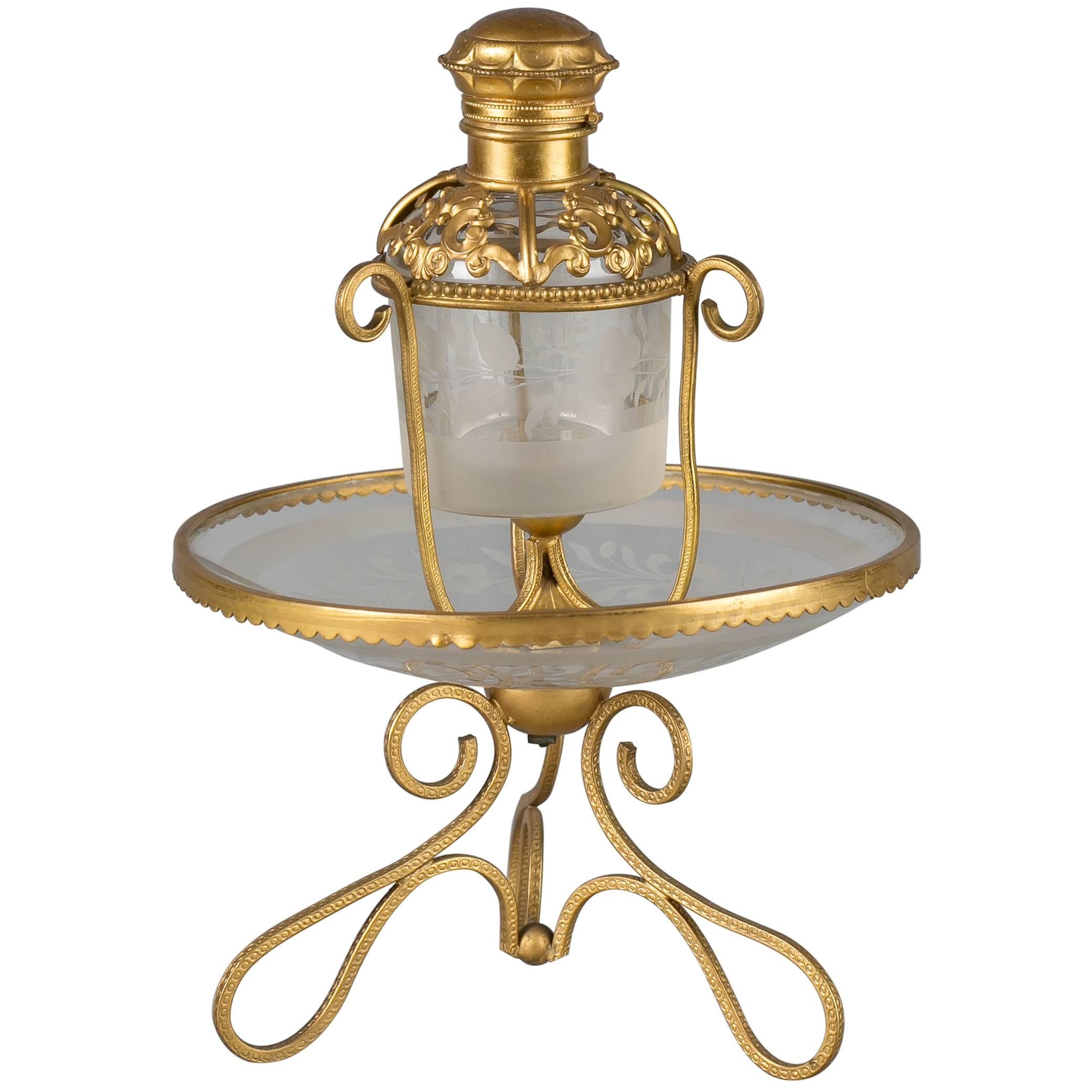 French Metal Mounted and Engraved Glass Perfume Bottle, circa 1890