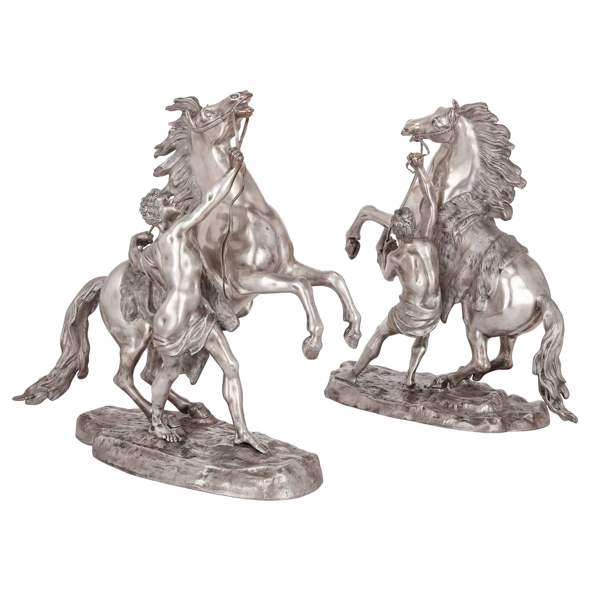Pair of Silvered Bronze Models of the Marly Horses After Guillaume Coustou