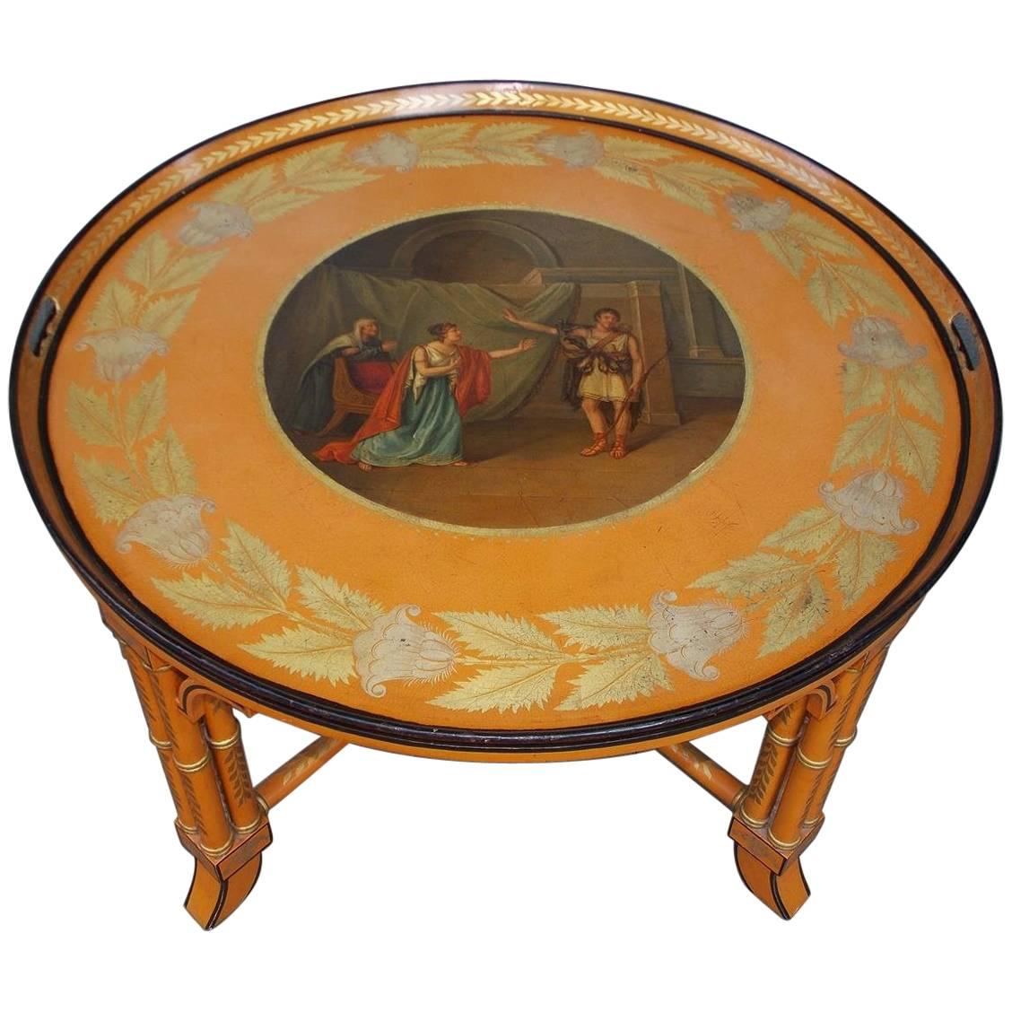 English Regency Figural Circular Tole Tray on Faux Bamboo Stand, Circa 1810
