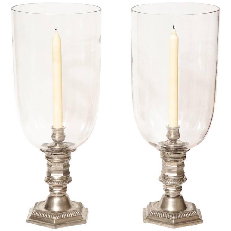 Pair of Silver Plated Hurricane Candleholders For Sale at 1stdibs