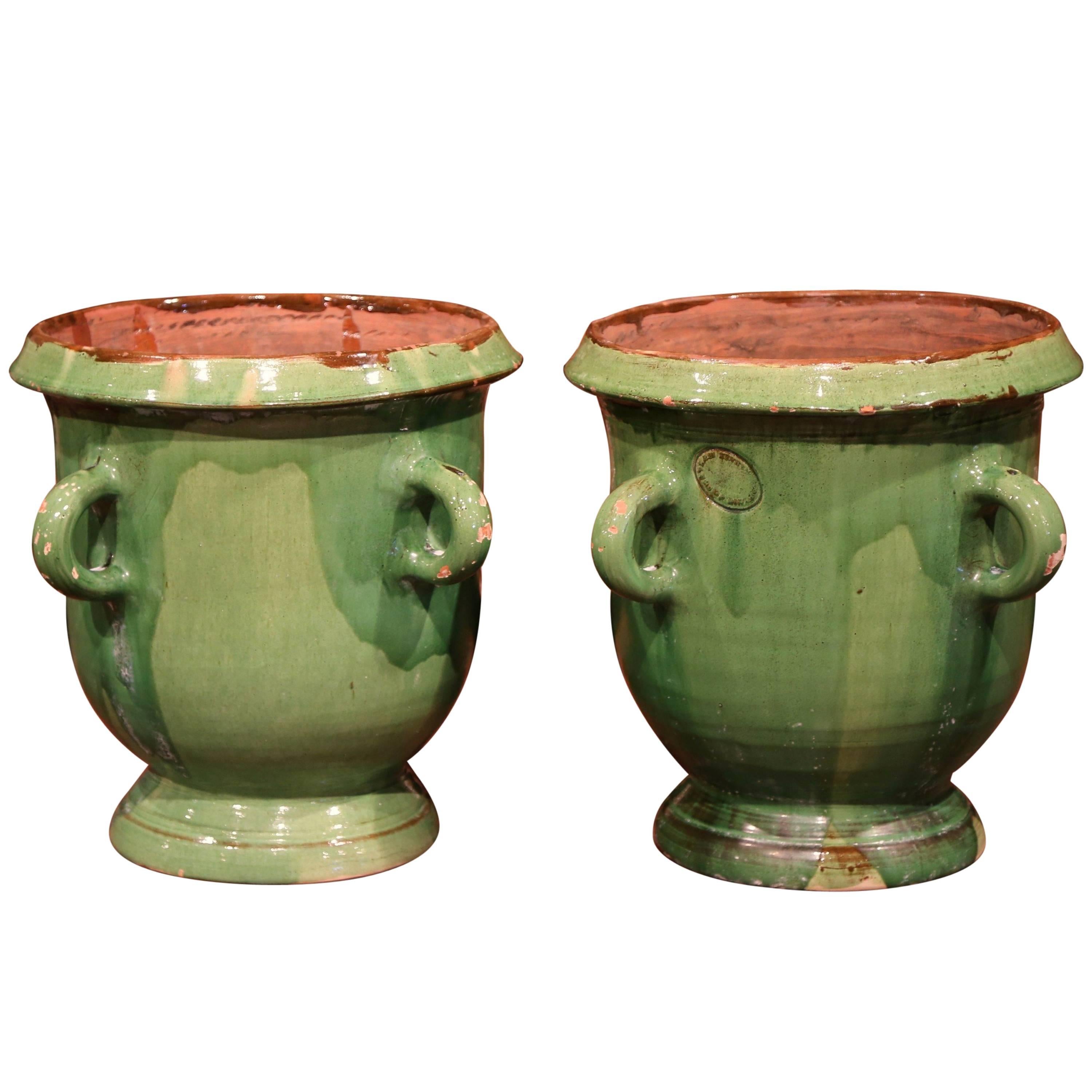 Pair of Mid-20th Century French Glazed Green Planters with Handles from Provence