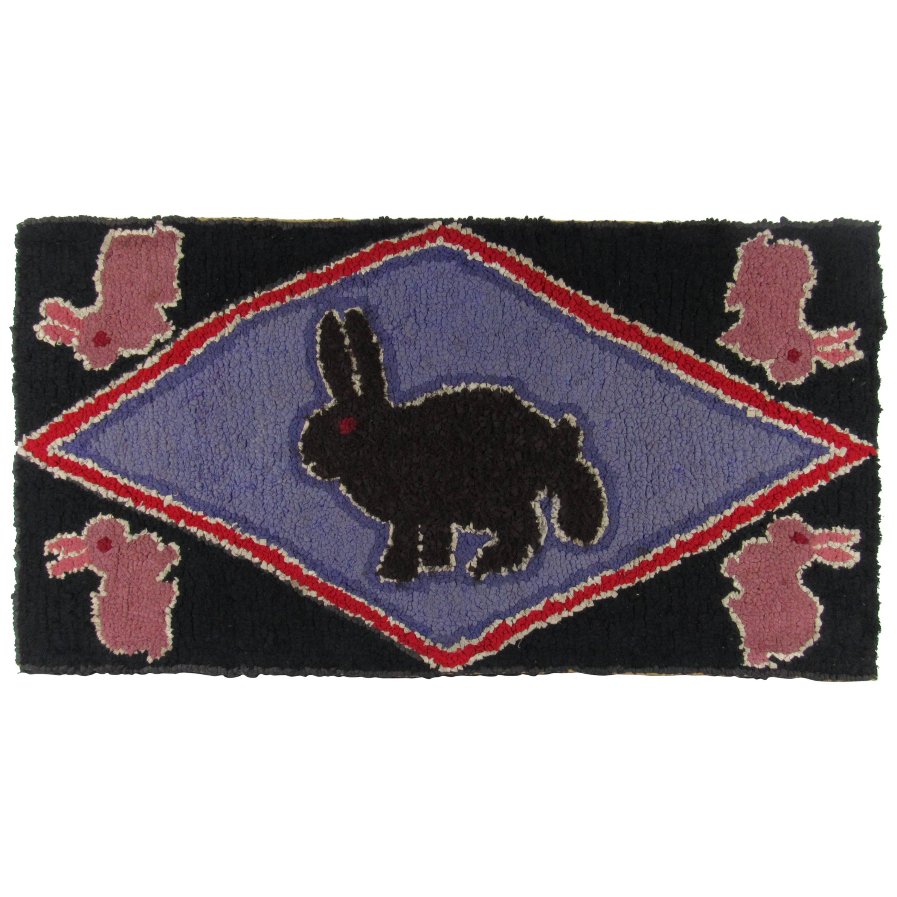 American Folk Art Rabbit in Diamond Hooked Rug For Sale