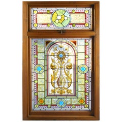 Victorian Two-Piece Painted Stained Leaded Glass Landing Window, circa 1880s, 