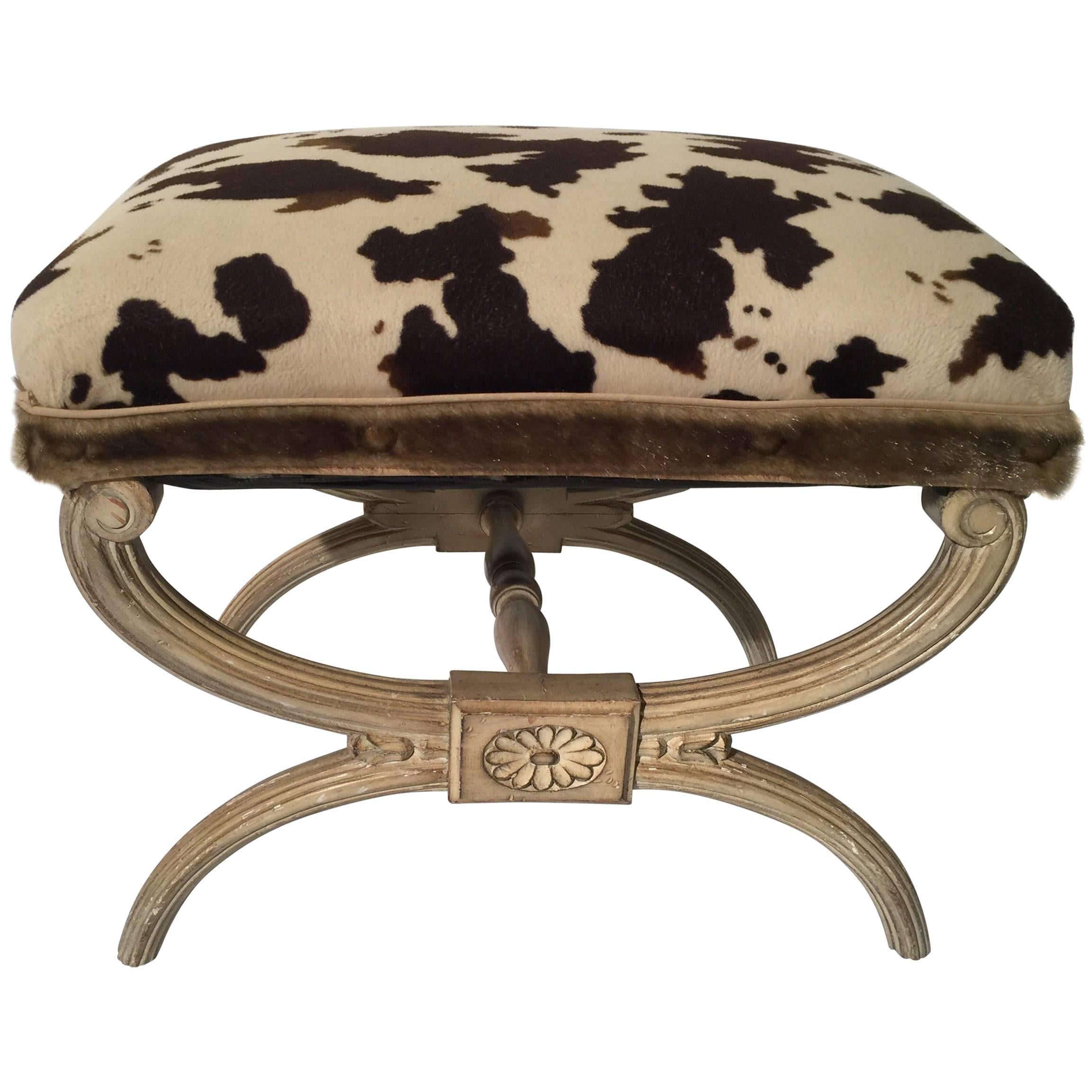 Neoclassical X Bench with Faux Animal Print Upholstery 