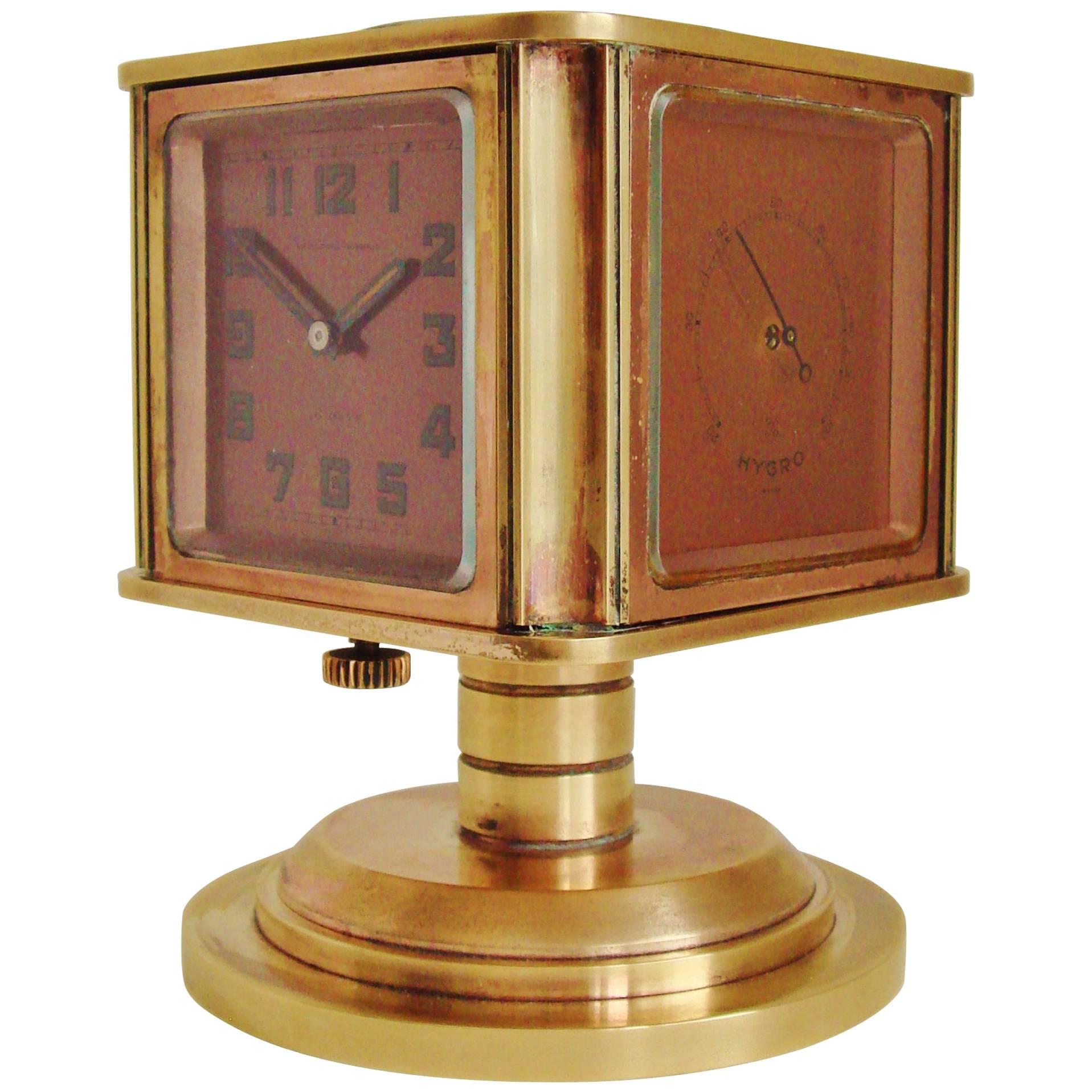 Rare Swiss Art Deco Rose Gilded Brass Angelus Meteo Desk Clock/Weather Station