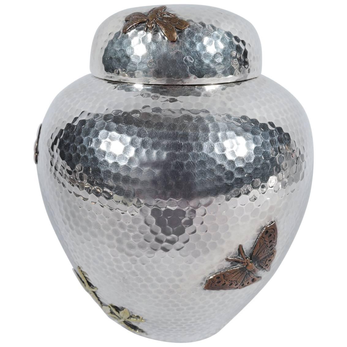 Dominick & Haff Large Hand-Hammered Sterling Silver and Mixed Metal Tea Caddy