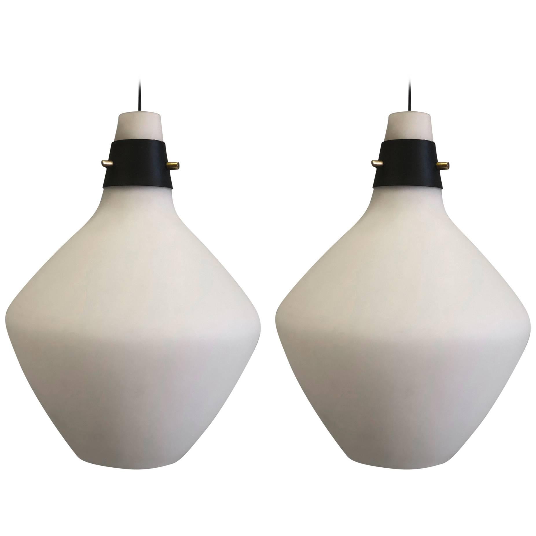Pair of Italian Mid-Century Modern Glass Pendants / Lanterns attr. to Stilnovo