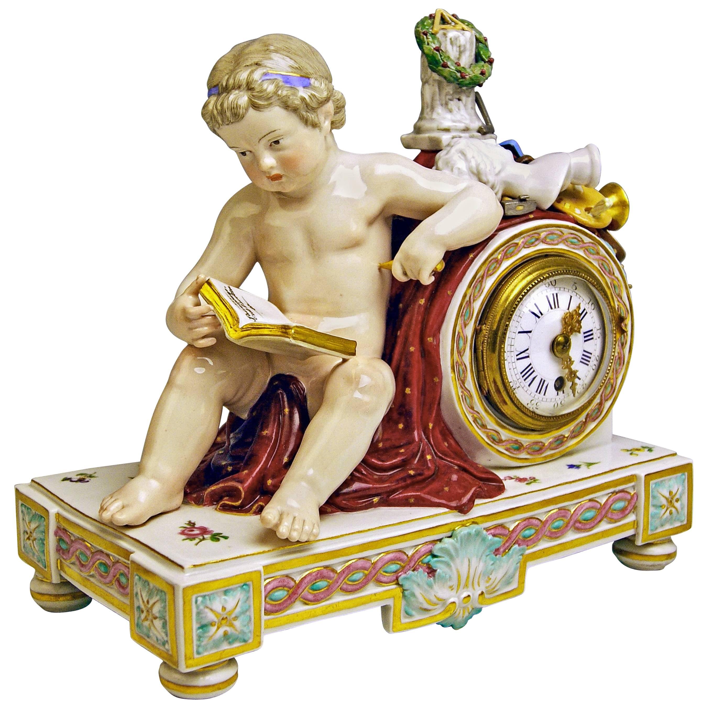 Meissen Mantel Table Clock Cherub The Fine Arts by Michel V. Acier, circa 1860
