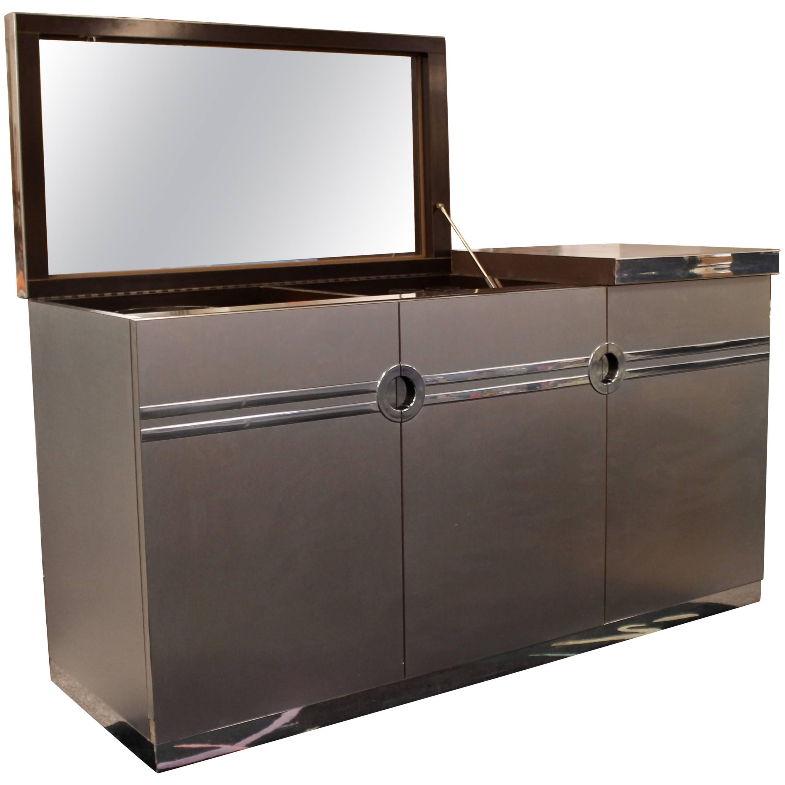 Mid-Century Modern Pierre Cardin Gray Lift Top Dry Bar with Chrome and Mirror
