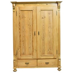 19th Century European Two-Door Pine Armoire with Drawers and Adjustable Shelving