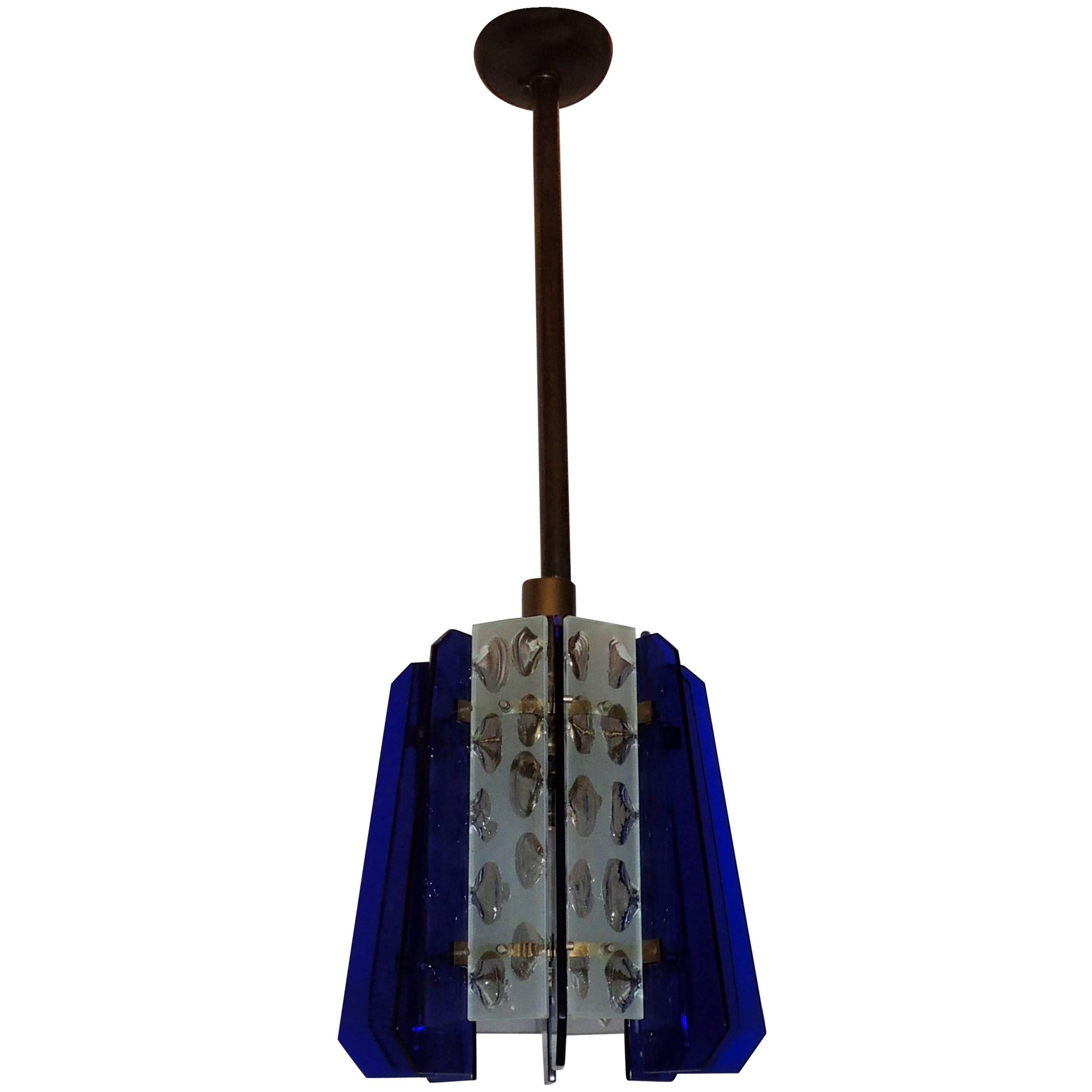French Art Deco Mid-Century Modern Cobalt Blue Murano Frosted Glass Fixture