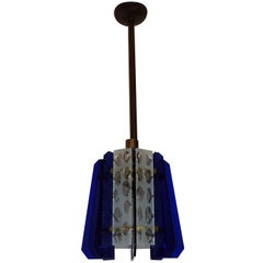 French Art Deco Mid-Century Modern Cobalt Blue Murano Frosted Glass Fixture