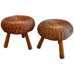 Vintage Mid-Century Tony Paul Woven Rattan Wicker Round Footstool, 1950's