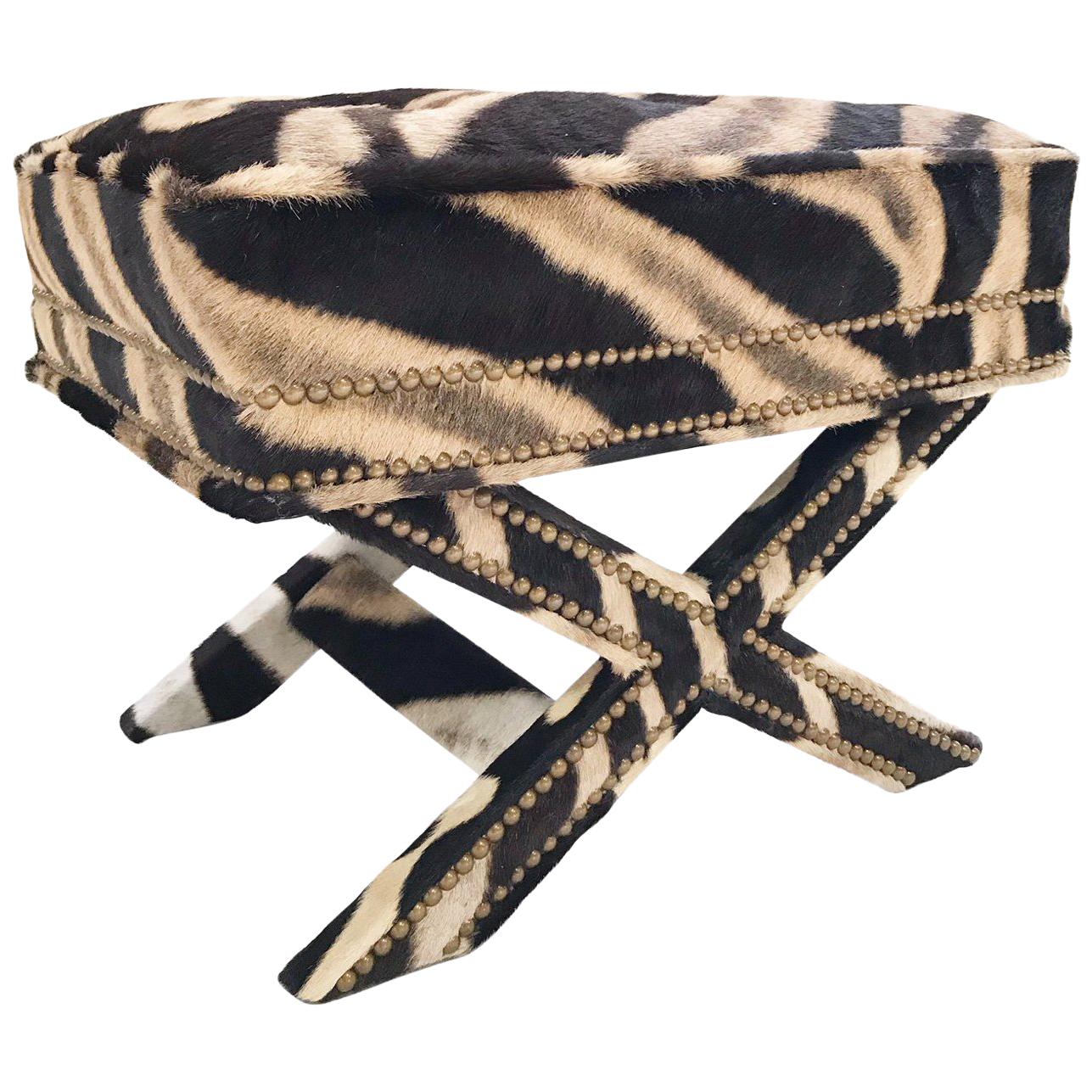 Vintage Billy Baldwin Style X Bench Ottoman Reupholstered in Zebra Hide