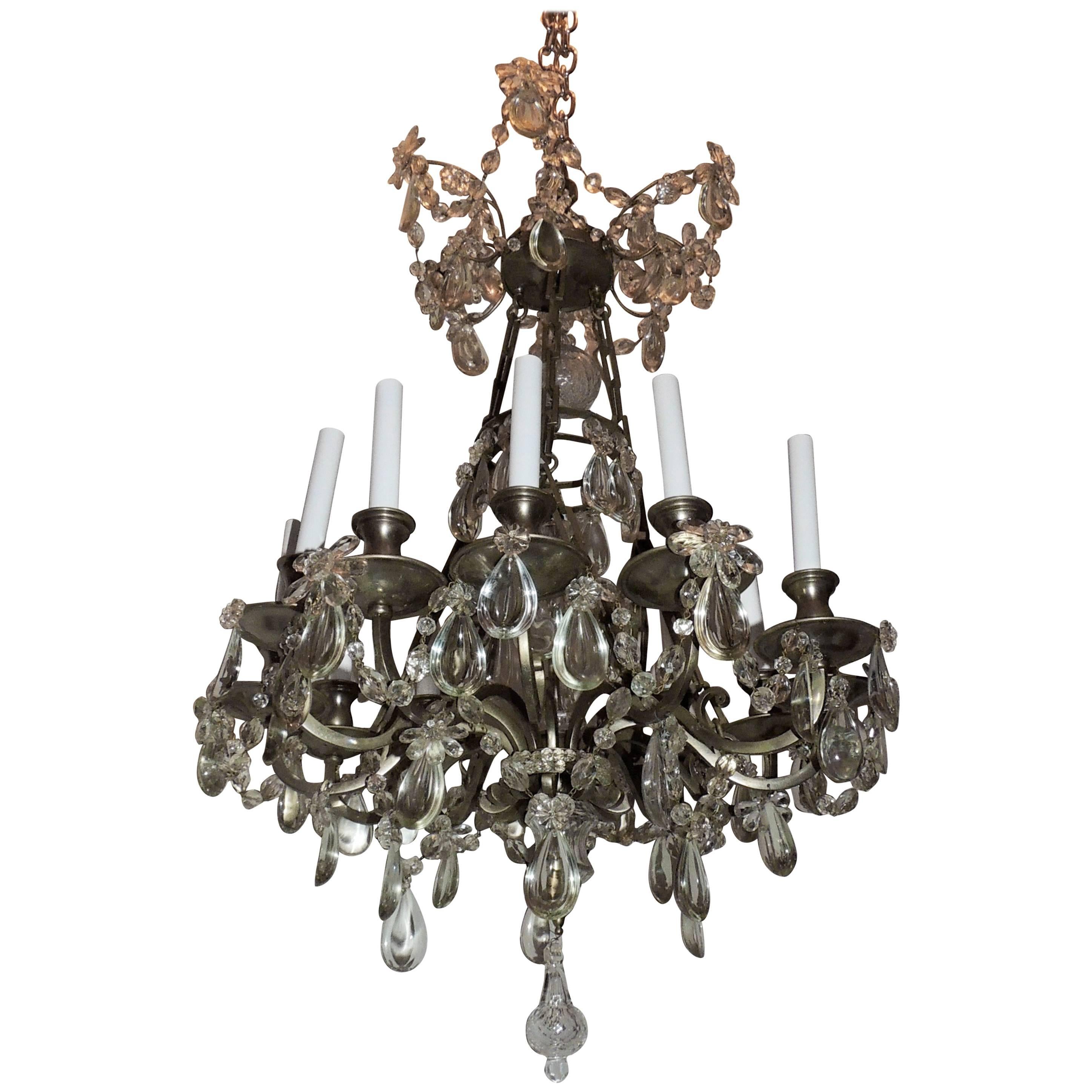 French Louis XVI Brushed Silvered Bronze Crystal Beaded Neoclassical Chandelier For Sale