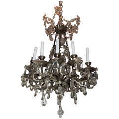 Antique French Louis XVI Brushed Silvered Bronze Crystal Beaded Neoclassical Chandelier