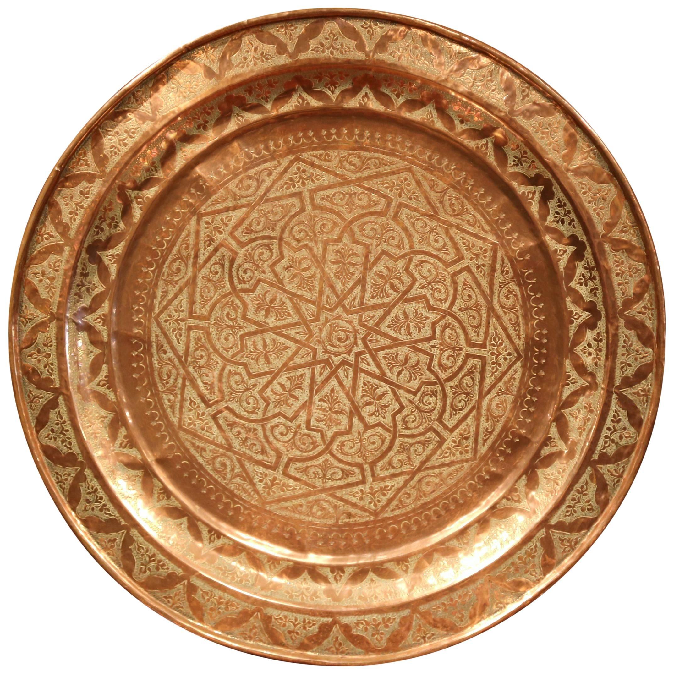 Early 20th Century French Round Copper Tray with Engraved Geometric Motifs