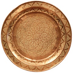 Antique Early 20th Century French Round Copper Tray with Engraved Geometric Motifs