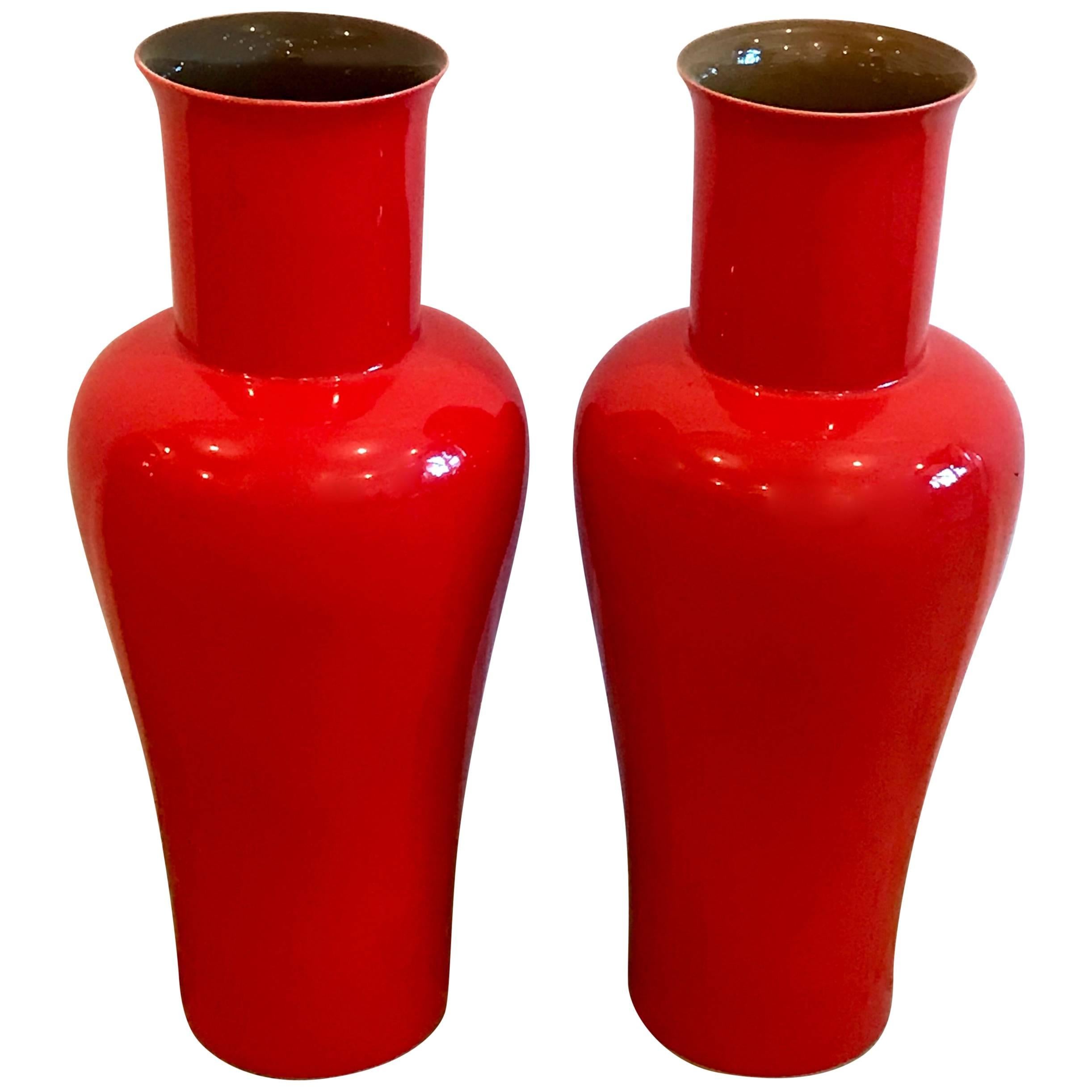 Pair of Red Porcelain Ceramic Vases by Artist Bo Jai for Middle Kingdom, Signed