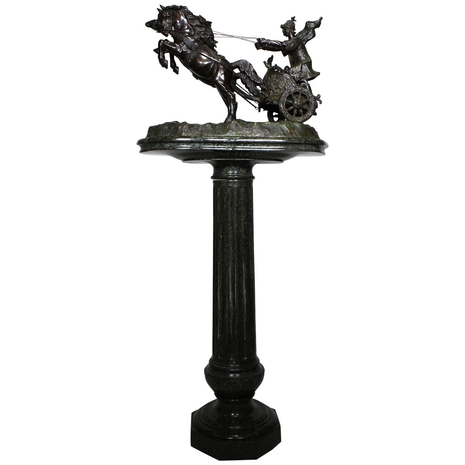 Groupe de sculptures italiennes en bronze du 19ème siècle représentant un char et un cavalier romain à deux chevaux