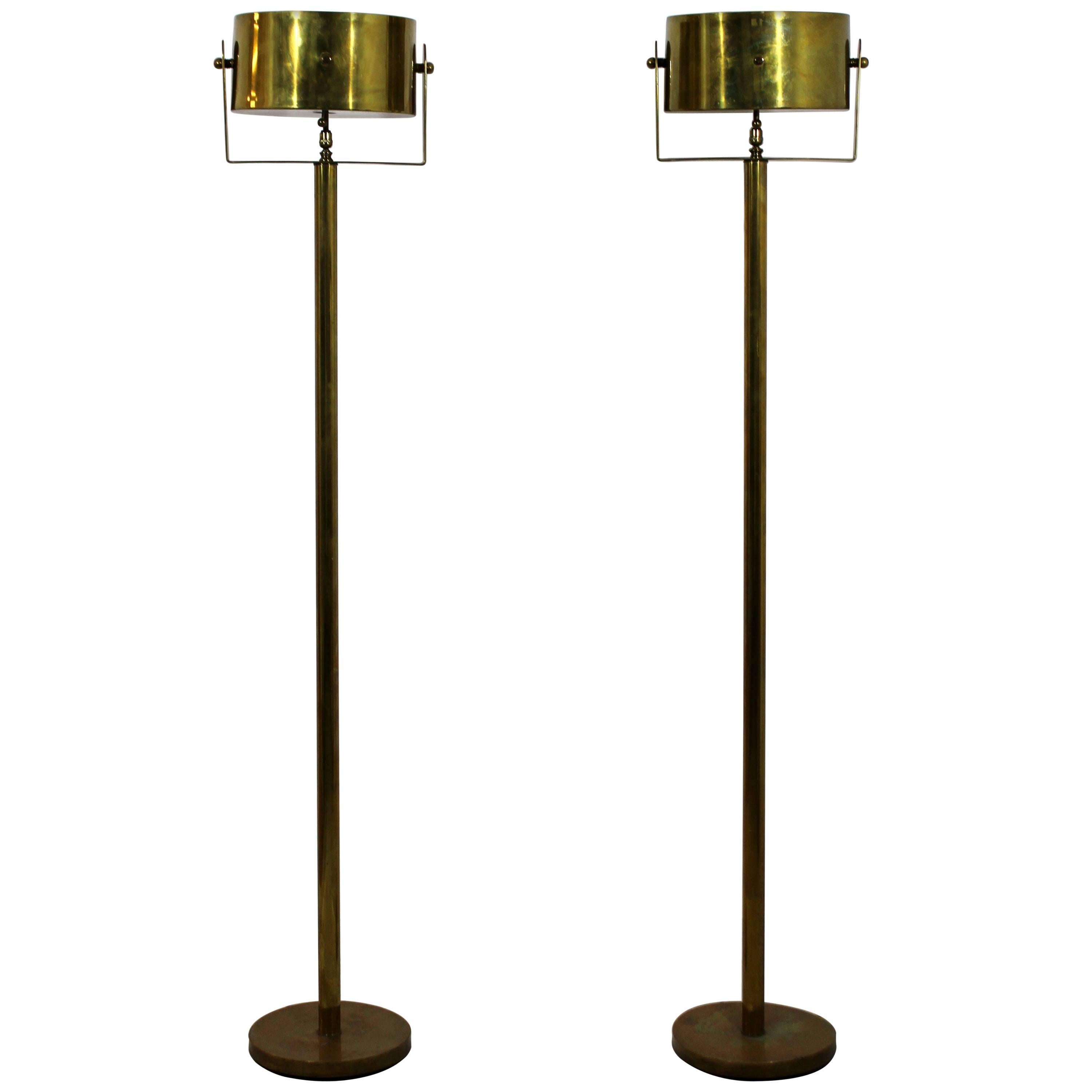 Mid-Century Modern Pair of Brass Standing Floor Lamps Torchiere, Hart Associates