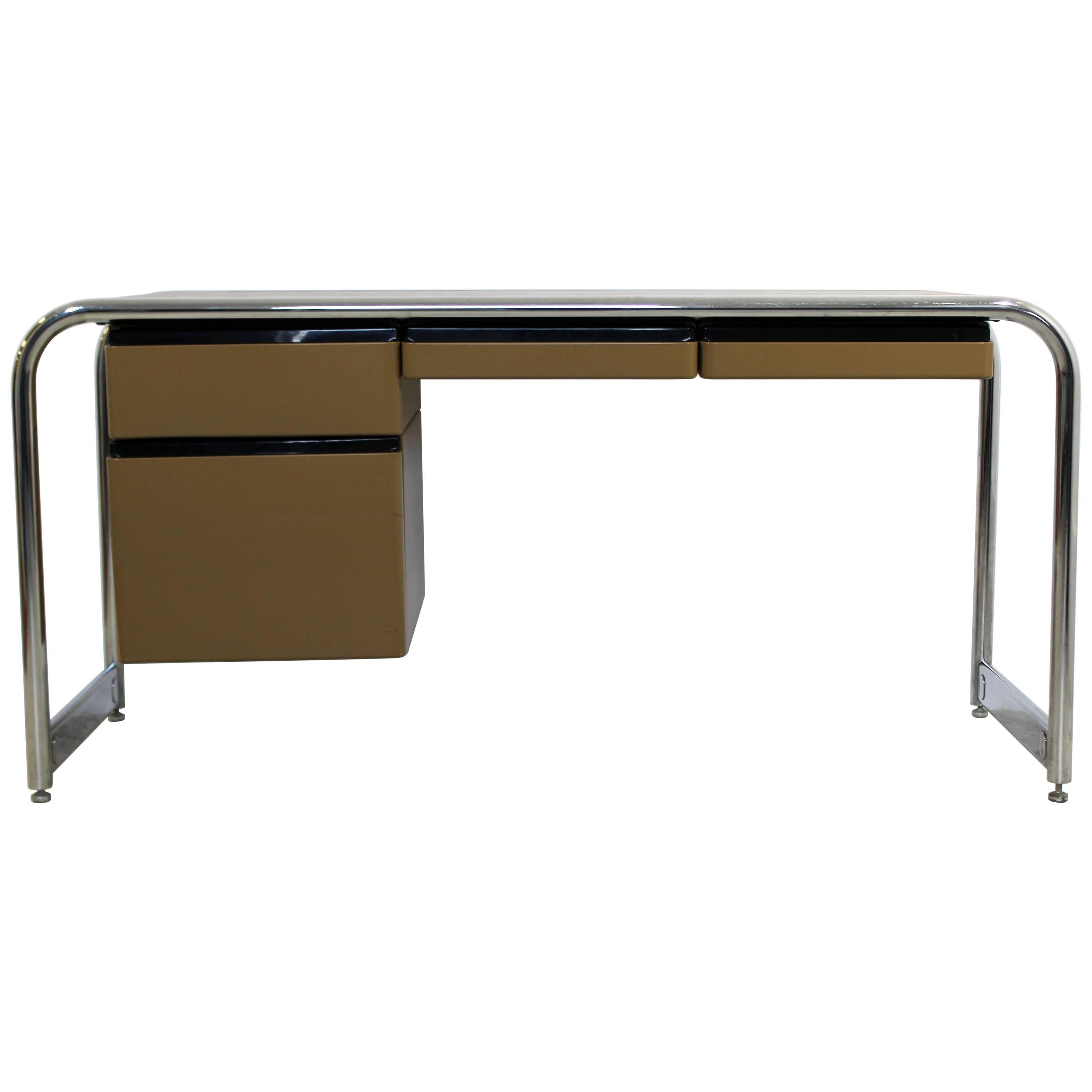 Mid-Century Modern Tubular Chrome Brown Leather Top Desk by Sunar Hauserman