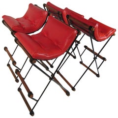 Four Cleo Baldon Wrought Iron and Oak Bar Stools Vintage Tomato Red Cushions