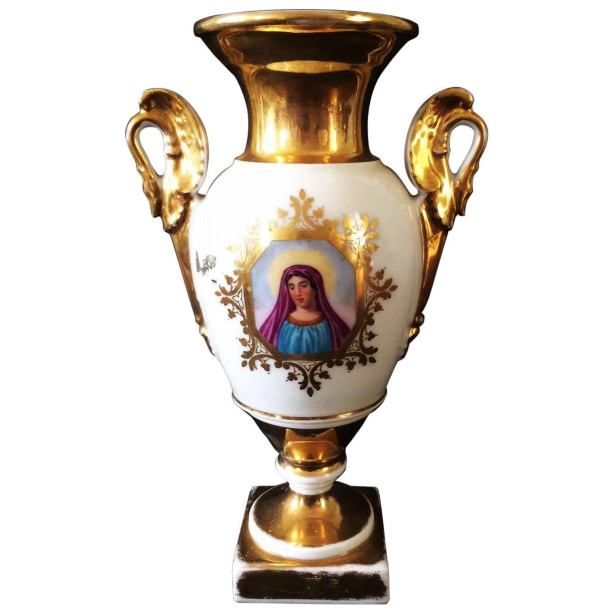 Religious gold Baluster Vase - Paris Porcelain - Virgin Mary- XIXth Napoleon III