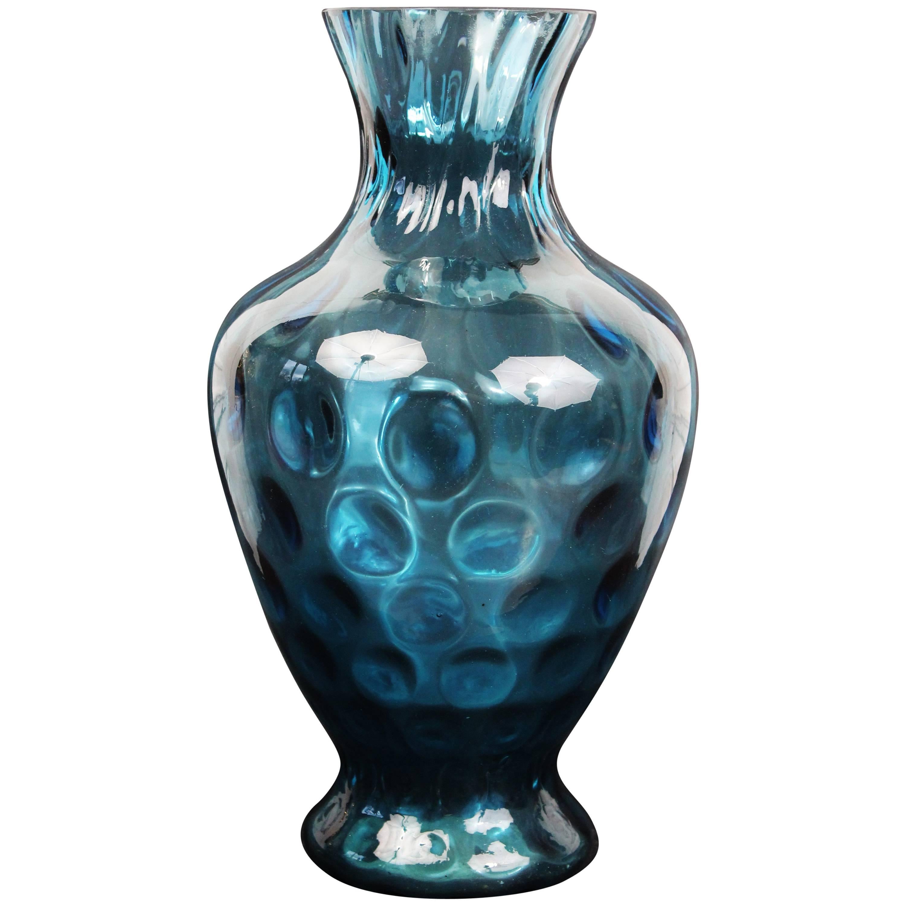Vintage 1970s Blue Glass Vase
