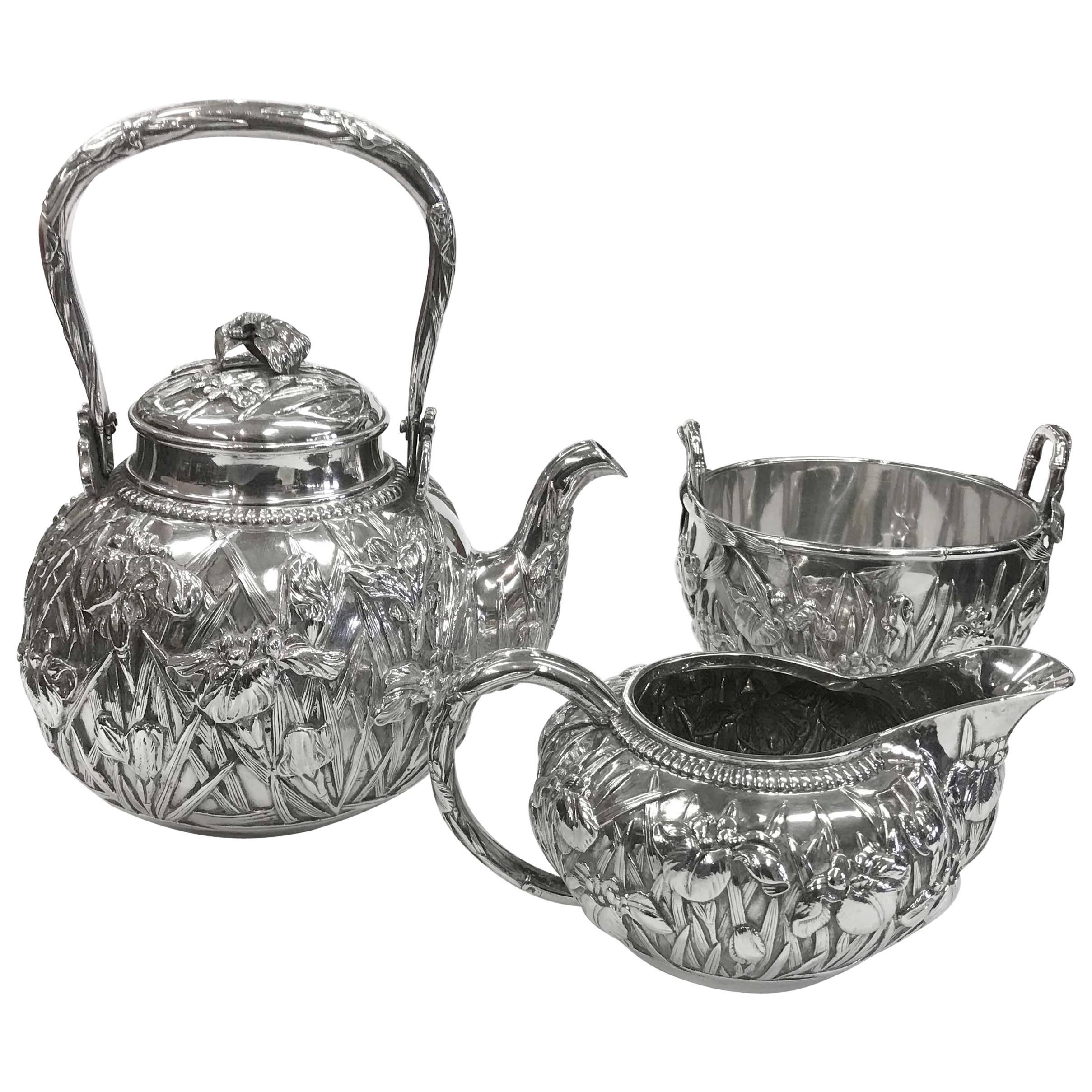 Japanese Solid Silver Repoussé Tea Set For Sale