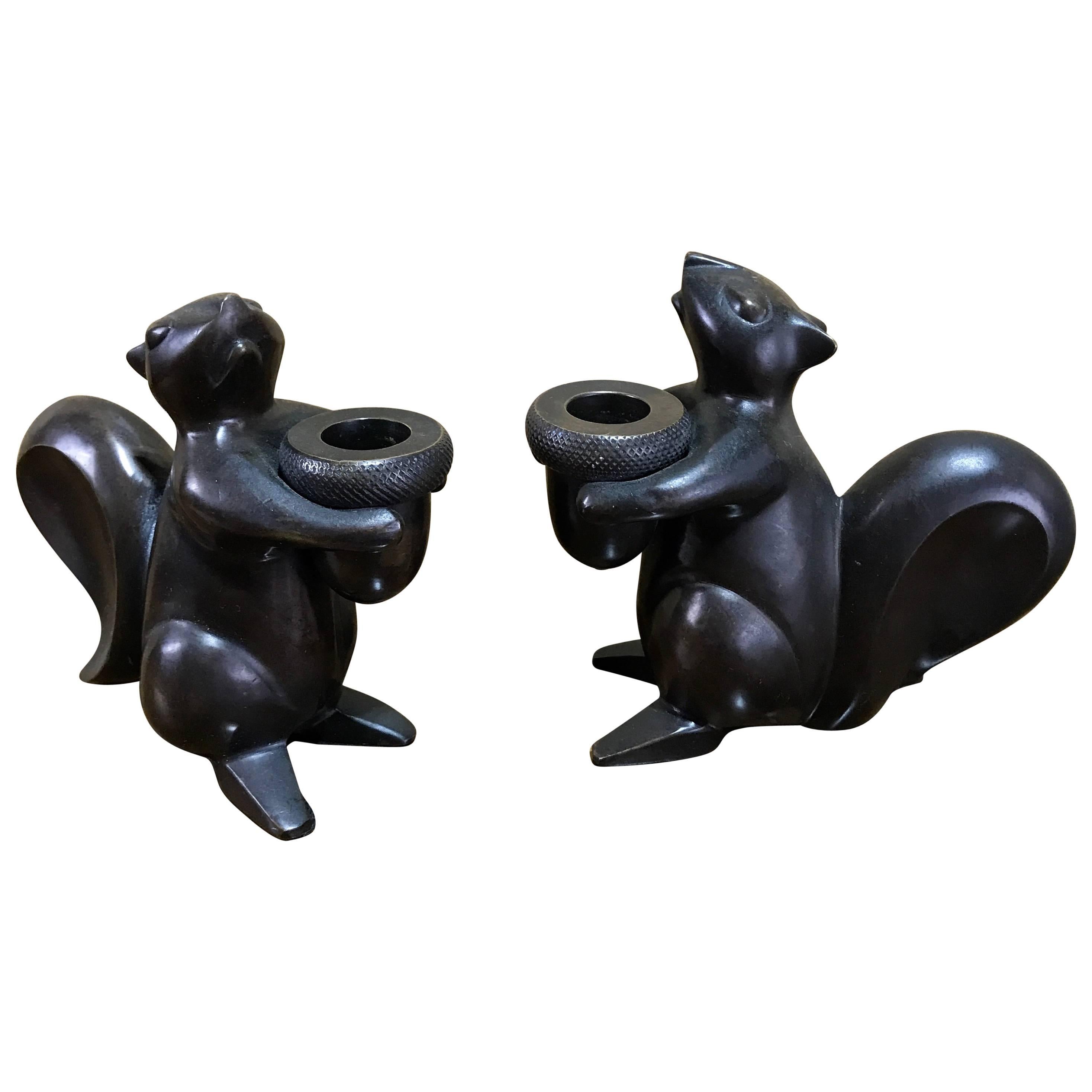 Pair of Modern Bronze Squirrel Motif Candlesticks For Sale