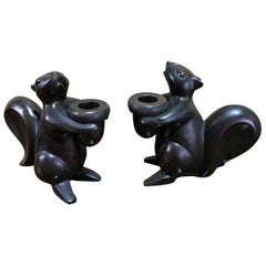 Pair of Modern Bronze Squirrel Motif Candlesticks