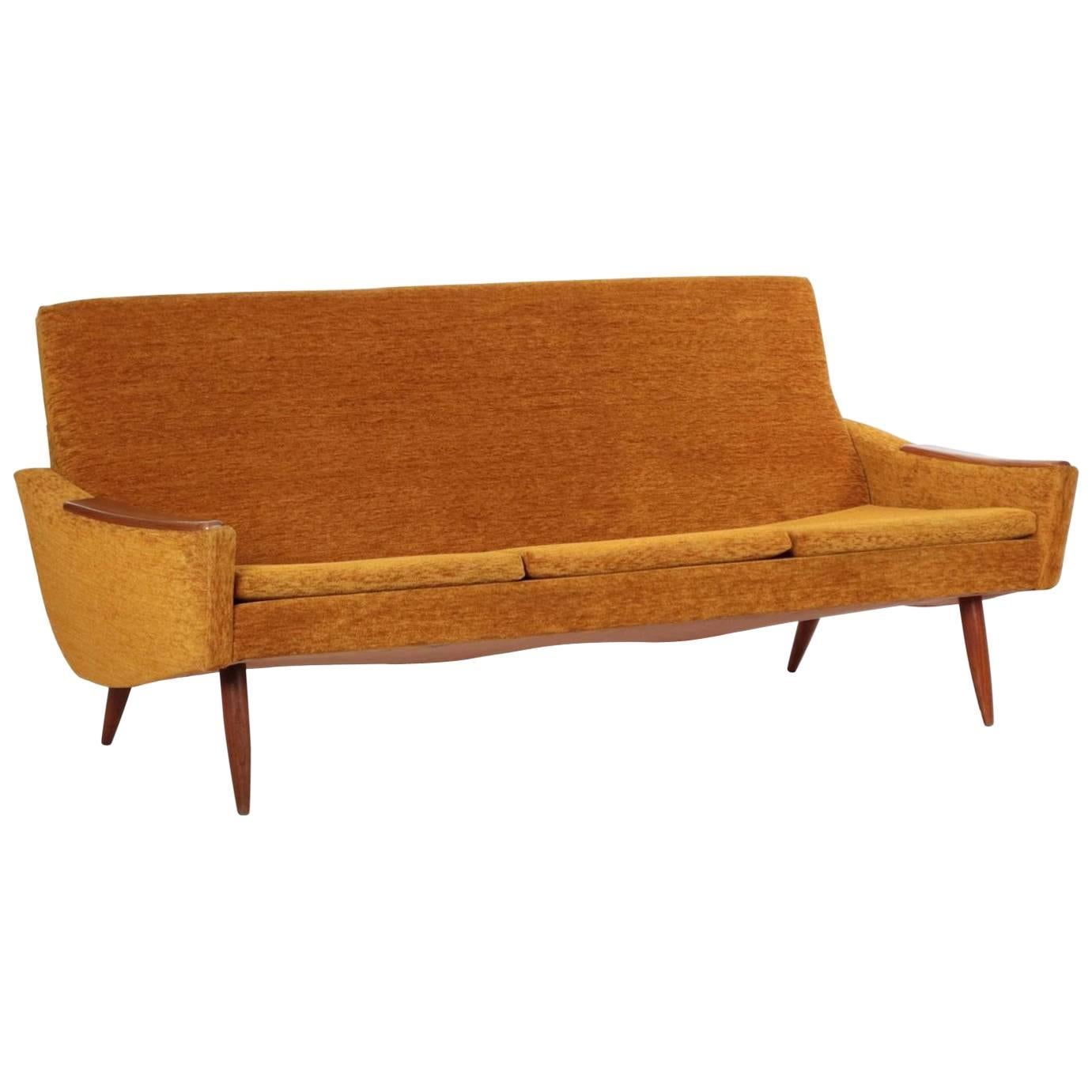 Scandinavian Modern Orange Upholstered Sculpted Walnut Sofa, circa 1950s-1960s