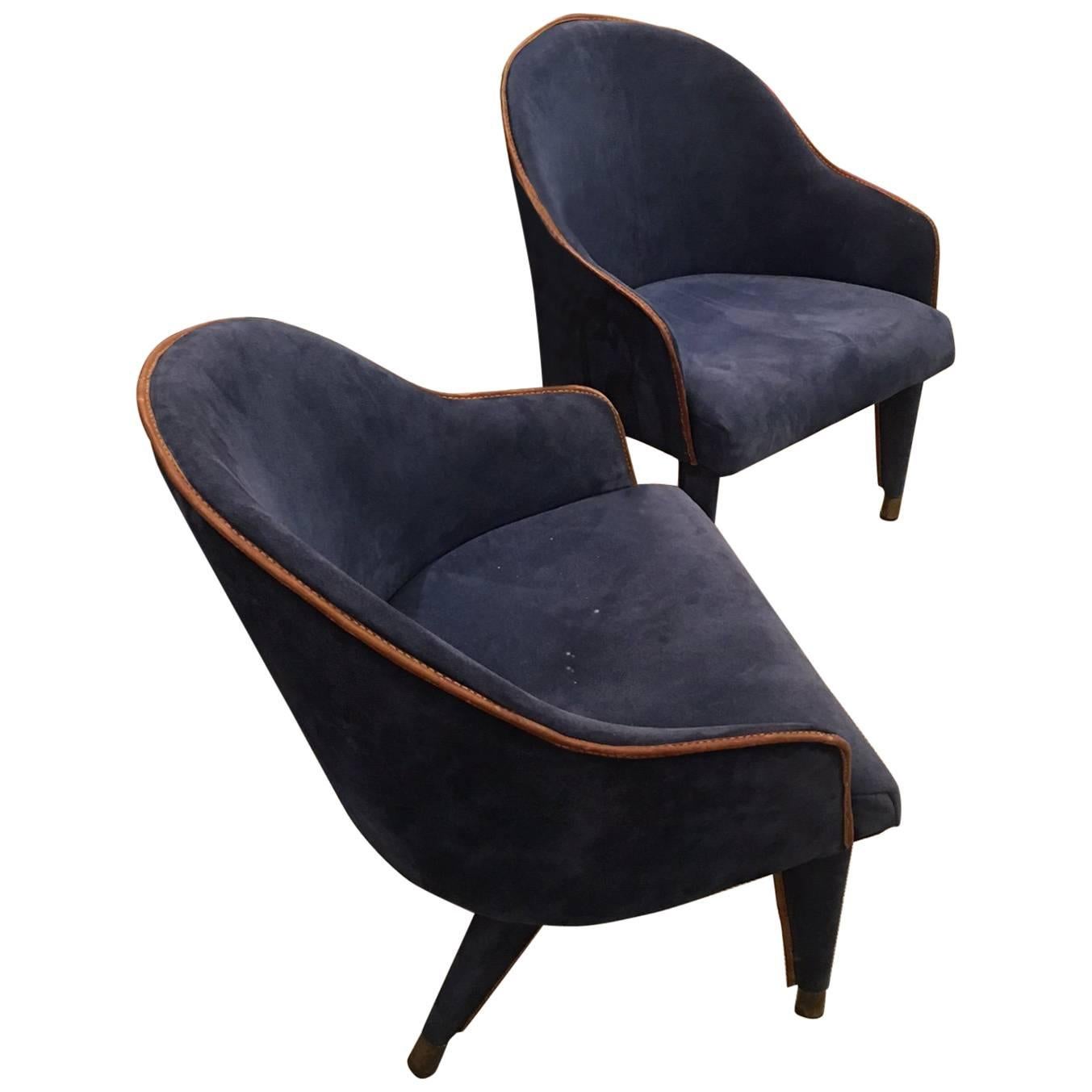 Pair of Blue Suede Jacques Adnet Armchairs