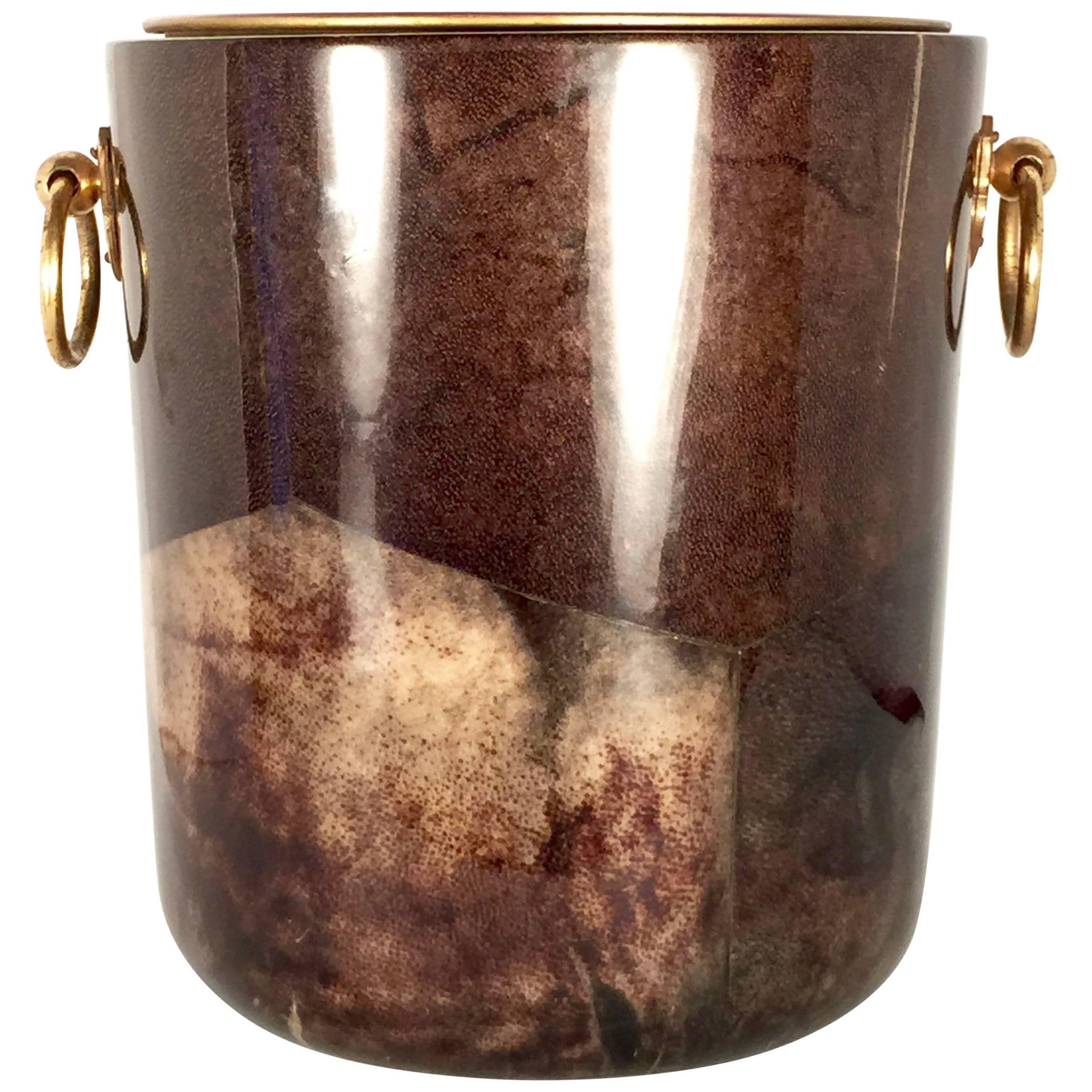 Vintage Aldo Tura Tobacco Brown Goatskin and Brass Ice Bucket, 1940s, Italy
