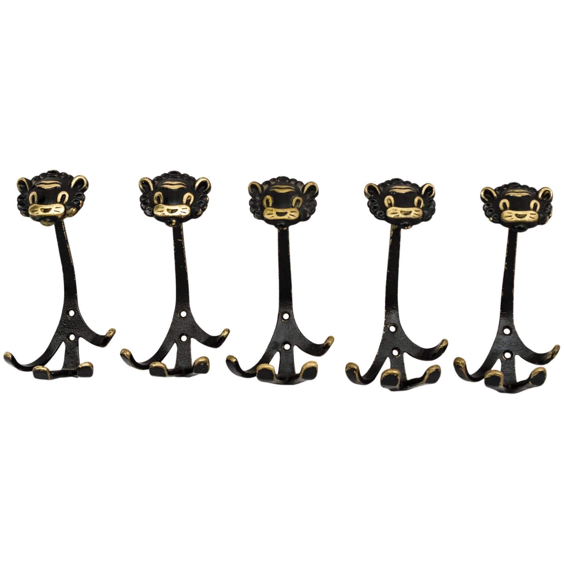 Set of five Austrian Brass Wall Hooks For Sale at 1stDibs