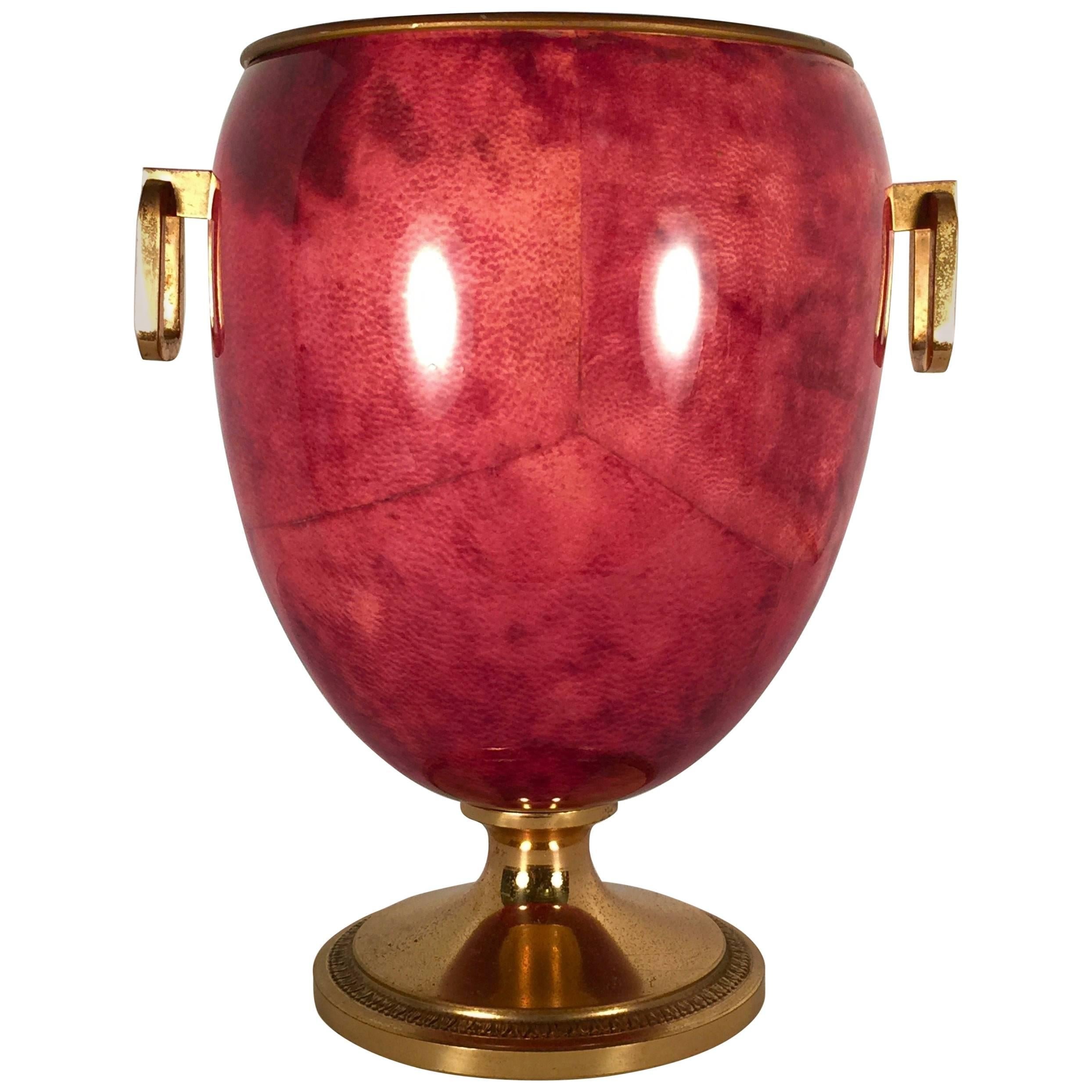 Vintage Aldo Tura Ruby Red Goatskin and Brass Ice Bucket, 1940s, Italy For Sale
