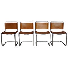 1970s, Set of Four Saddle Leather Dining Chairs by Mart Stam for Fasem