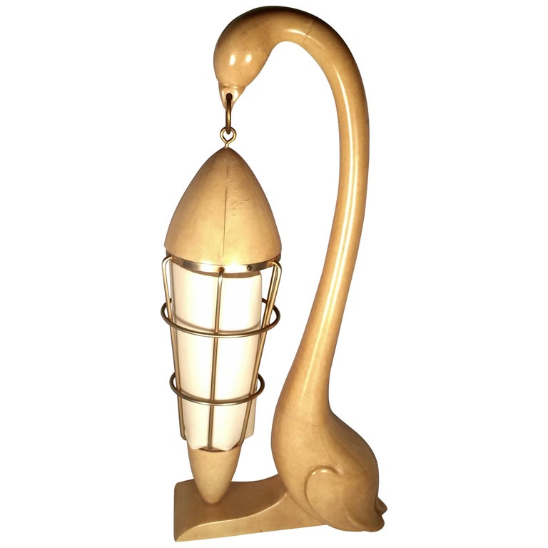 Vintage Aldo Tura Swan Goatskin Wood and Brass Lamp, 1950s, Italy For Sale  at 1stDibs