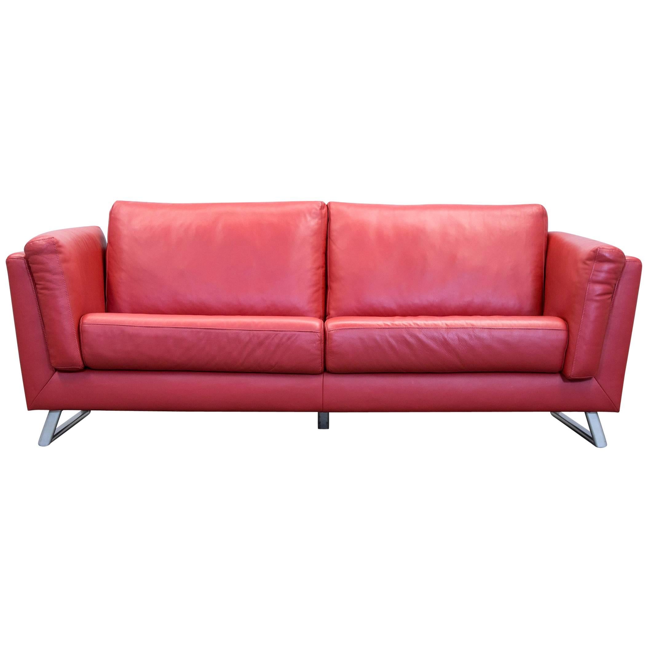 Designer Sofa Leather Red Three-Seat Couch Modern For Sale