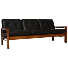 1960s Walnut, Leather and Chrome Vintage Sofa