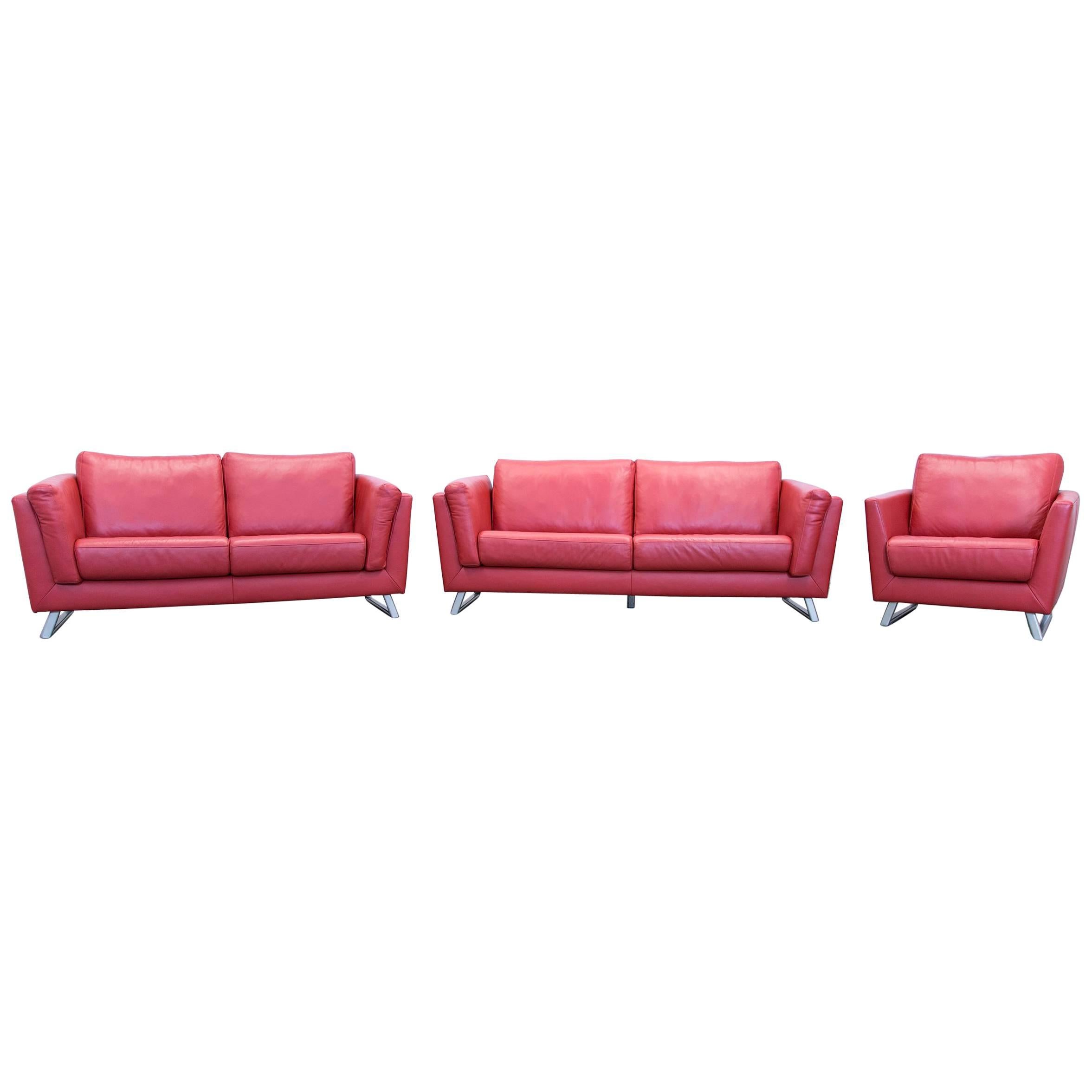 Designer Sofa Set Armchair Leather Red Three-Seat Couch Modern