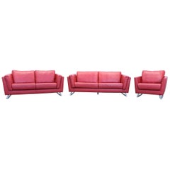 Designer Sofa Set Armchair Leather Red Three-Seat Couch Modern