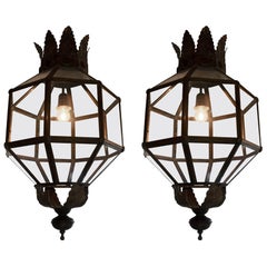 Pair of Large Aged Copper and Glazed Octagonal Section Lanterns
