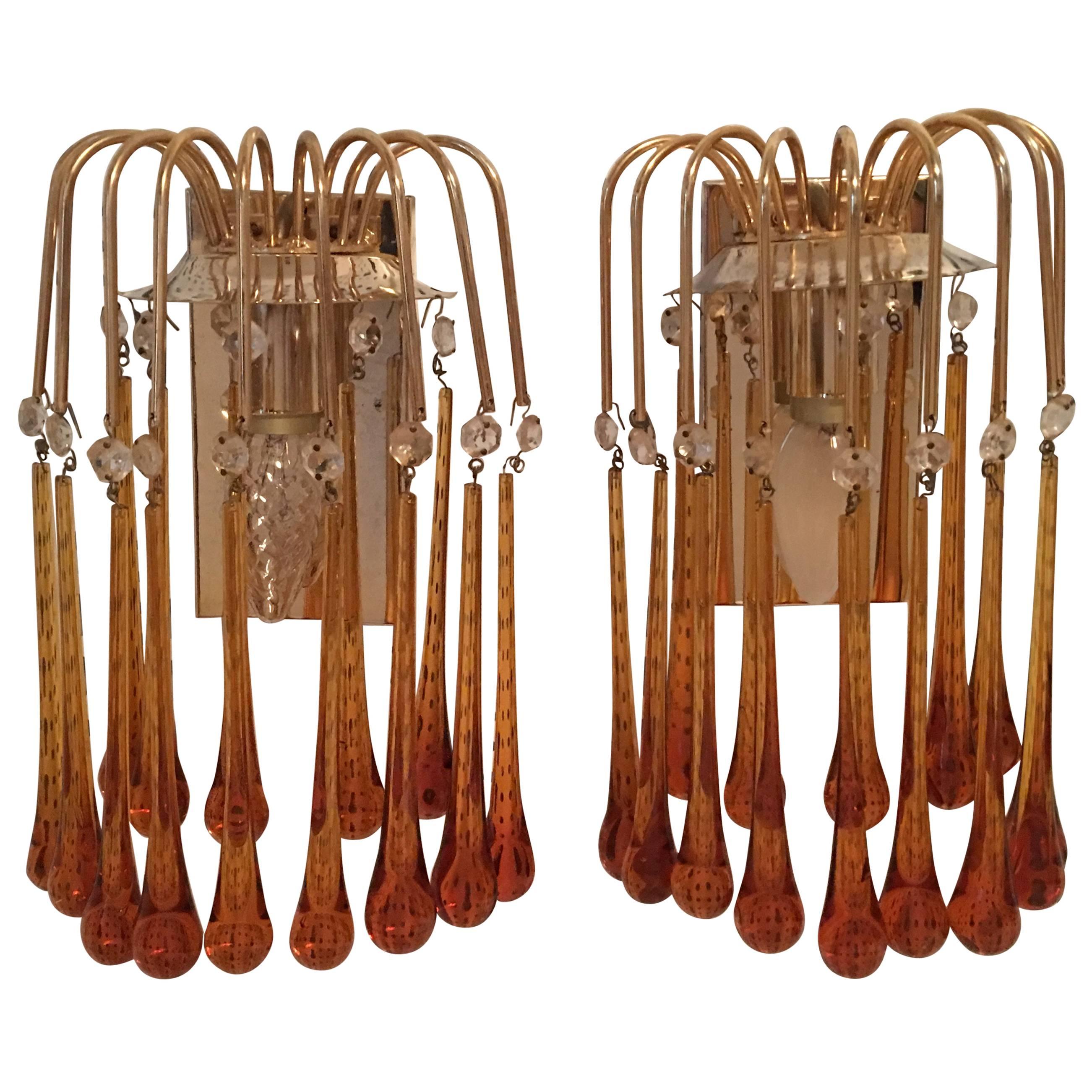 Pair of Midcentury Gilt Metal Murano Glass Teardrop Sconces 1, Set of Two For Sale