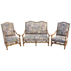 Antique Set of Settees and Armchairs Solid Walnut Louis XIII Style Os De Mouton, 1900s