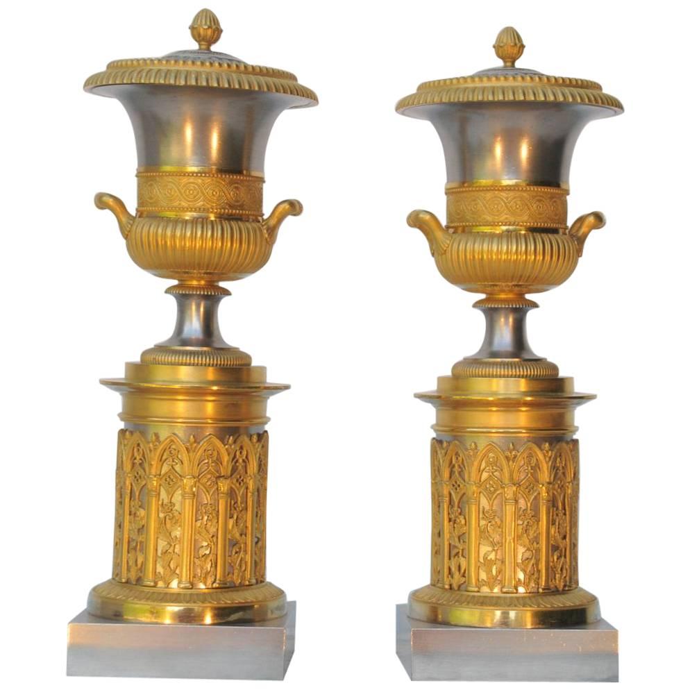 Pair of Charles X Silvered and Ormolu Cassolettes For Sale